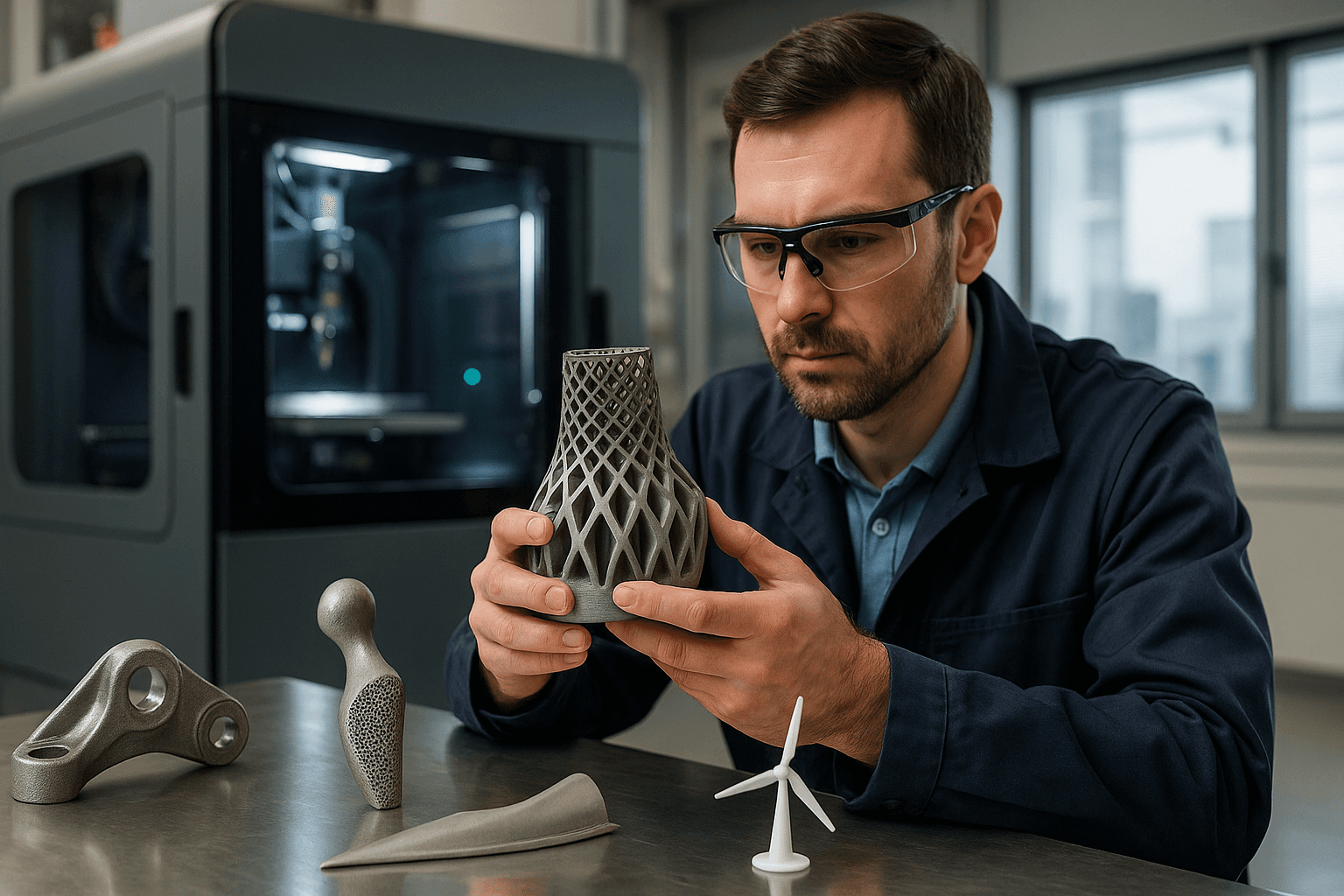 Male engineer wearing safety glasses analyzes a complex metal lattice part beside other 3D-printed prototypes in a high-tech additive manufacturing lab with 3D printing technology