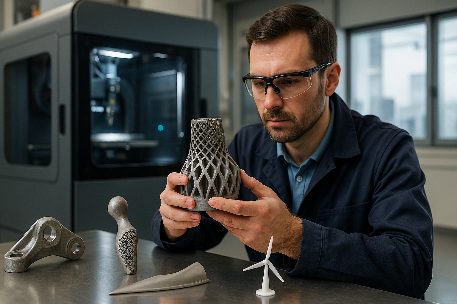 Male engineer wearing safety glasses analyzes a complex metal lattice part beside other 3D-printed prototypes in a high-tech additive manufacturing lab with 3D printing technology