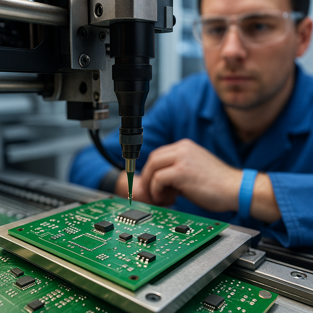 Close-up of a surface-mount pick-and-place nozzle lowering a microchip onto a green printed-circuit board while a technician in a blue lab coat and safety glasses observes in the background.
