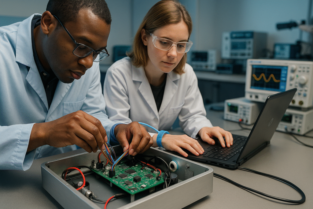 Two engineers in lab coats and safety glasses wire a green PCB inside a metal enclosure while monitoring results on a laptop, with test equipment behind them.
