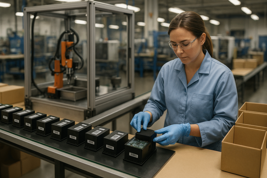 Female technician in a light-blue lab coat and gloves inspects boxed electronic devices on a small conveyor while a robotic arm operates behind her in a well-lit factory.
