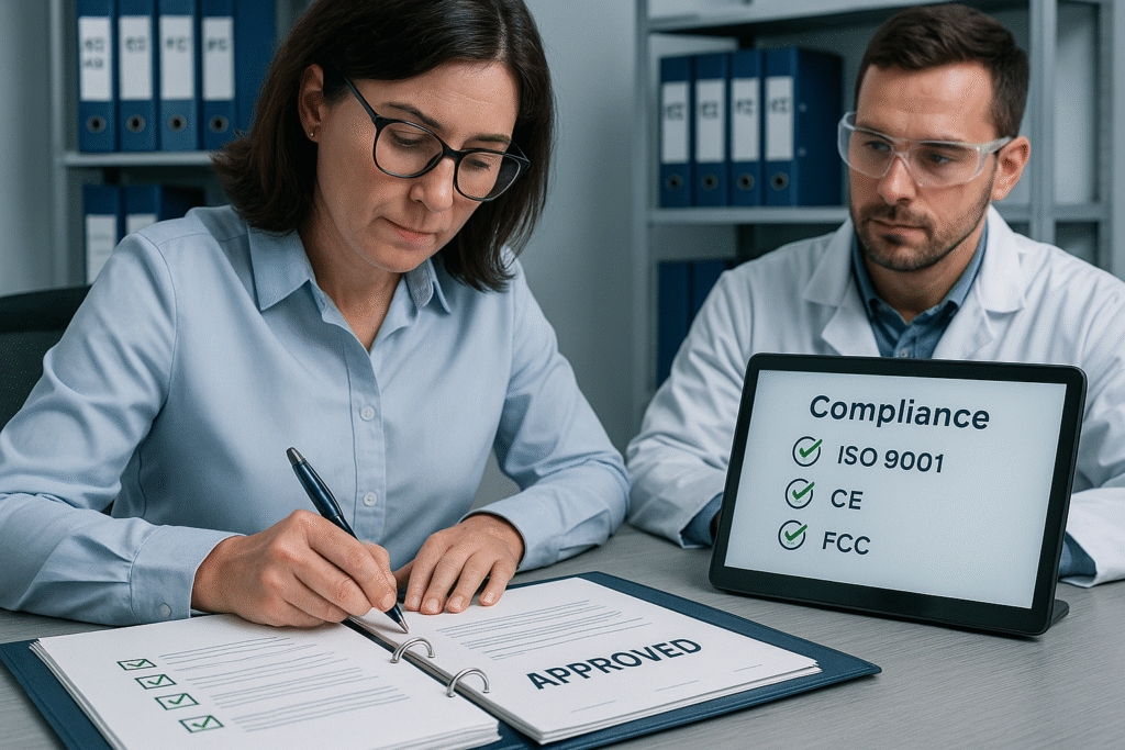 Female professional signs an “Approved” compliance binder while a male colleague in safety glasses reviews ISO 9001, CE, and FCC checklist on a tablet in an office lined with neatly labeled binders.