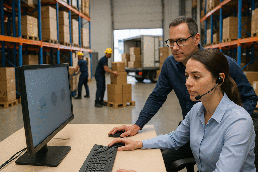 Customer-support agent with headset tracks shipments on a computer while a colleague looks on, and warehouse workers load boxes into a truck amid tall pallet racks.