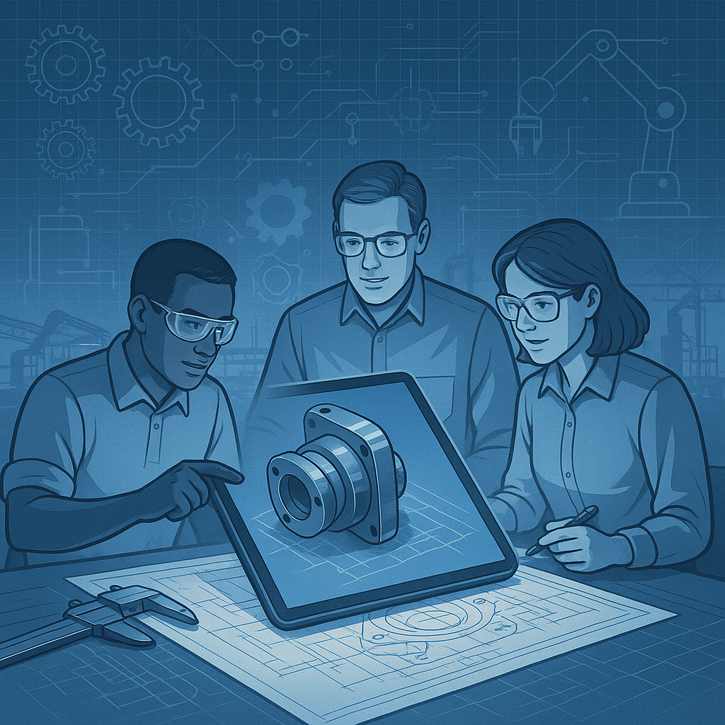 Three engineers wearing safety glasses examine a 3-D mechanical part on a tablet over a blueprint, set against a blue-toned factory and schematic backdrop.