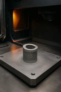 Freshly 3D-printed titanium lattice spinal cage resting on metal printer build platform	