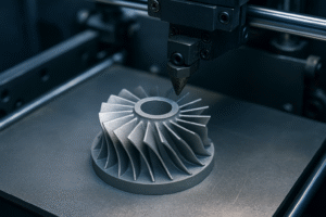 Metal turbine impeller being built layer by layer under industrial print head	