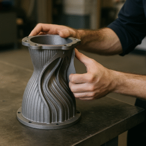 Engineer inspecting a 3D-printed metal rocket engine nozzle with intricate internal channels