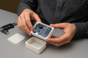 Technician placing an electronics board into a custom 3D-printed plastic enclosure