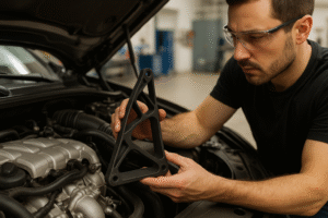 Automotive technician fitting a lightweight 3D-printed nylon bracket into a car engine bay