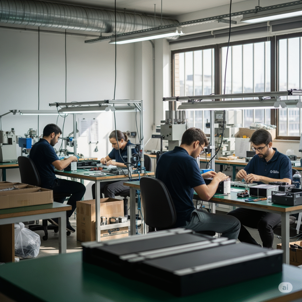 Assembly line for low-volume manufacturing, showing skilled technicians meticulously building electronic components and small batches of products in a clean workshop.