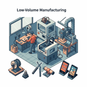 Isometric illustration of a low-volume manufacturing workshop featuring 3D printing, CNC machining, and a design workstation for rapid prototyping and custom product development.