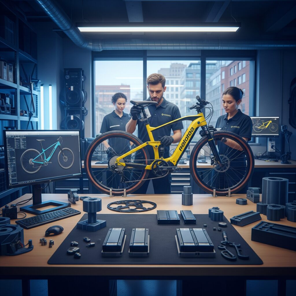 Custom electric bike being assembled by WARNING MACHINES engineers