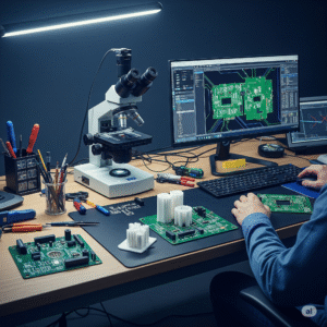 Electronics engineering workbench with microscope, circuit boards, and design software.
