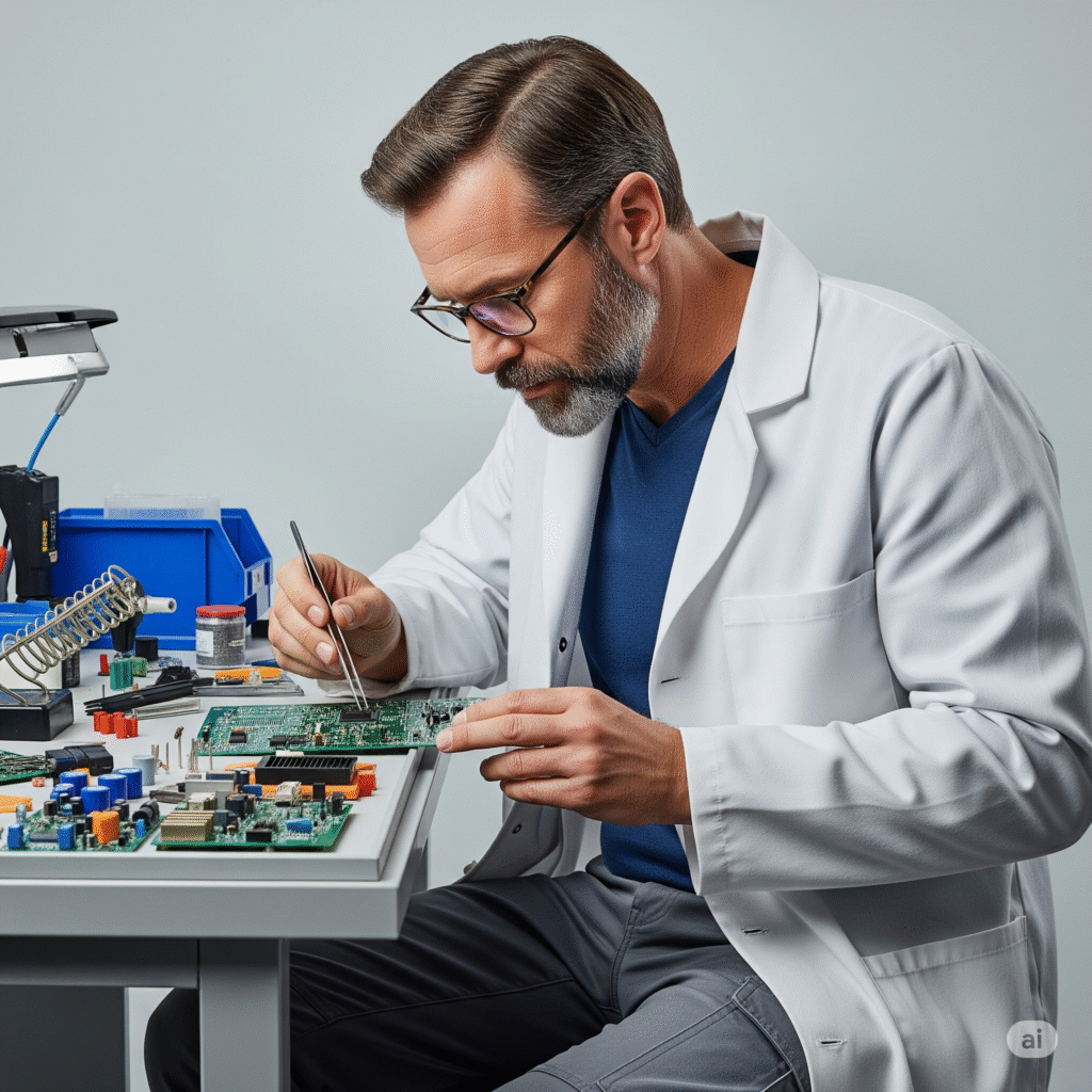 A focused PCB developer meticulously inspecting a printed circuit board with tweezers on a workbench, surrounded by electronic components and tools.
