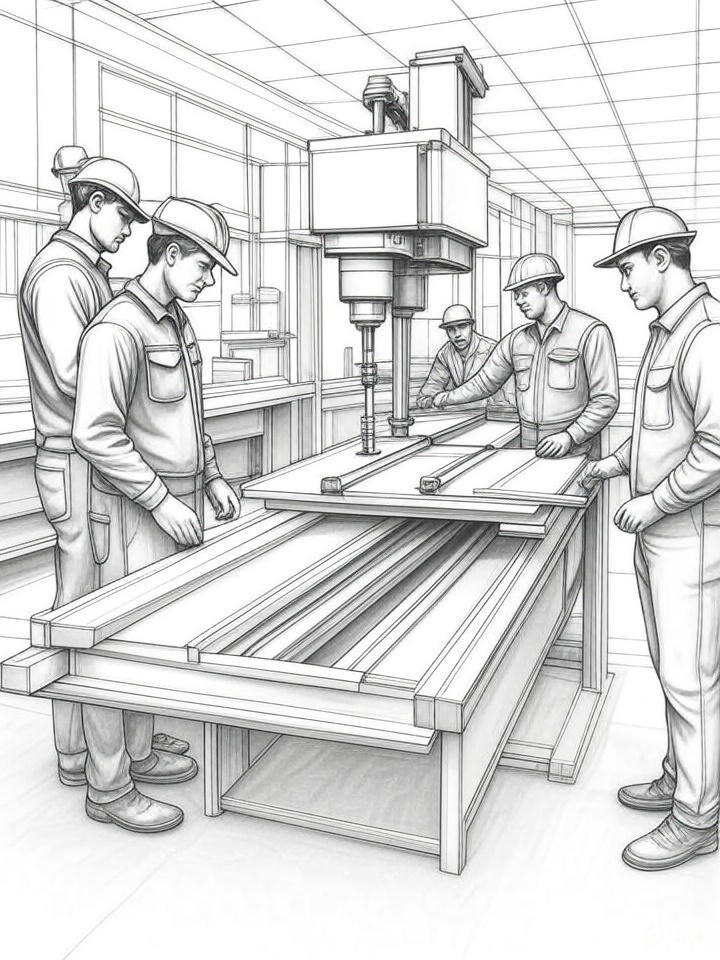 Blueprint-style illustration of a CNC machining setup at Warning Machines, featuring engineers overseeing advanced machinery that transforms sketches and CAD files into production-ready hardware in 30 days, within a detailed manufacturing studio.