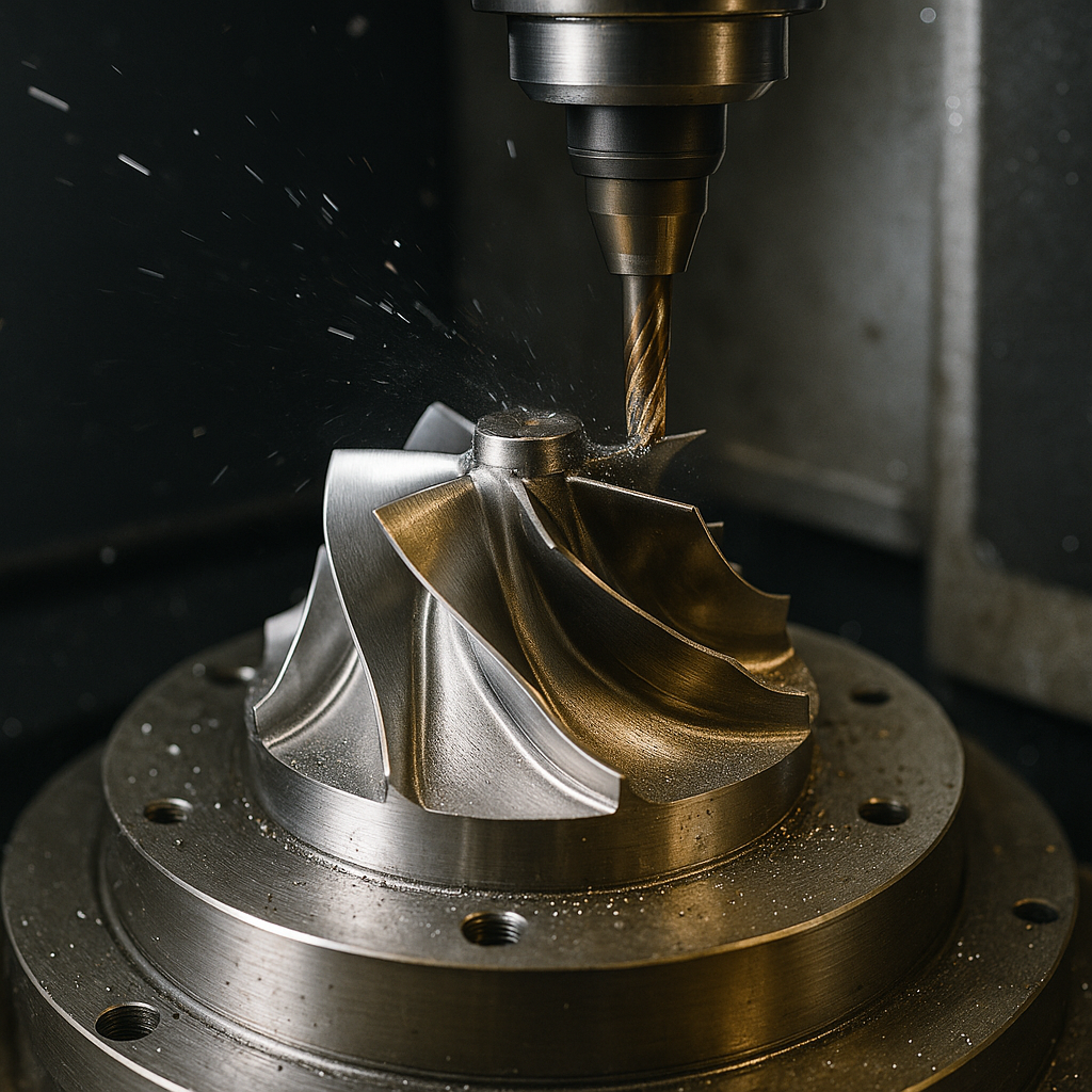 Close-up of a titanium impeller being milled at high RPM, illustrating the speed, precision, and dynamic forces in advanced CNC machining.
