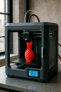3D printer creating a vibrant red spiral vase in an office workspace, highlighting additive manufacturing for rapid prototyping
