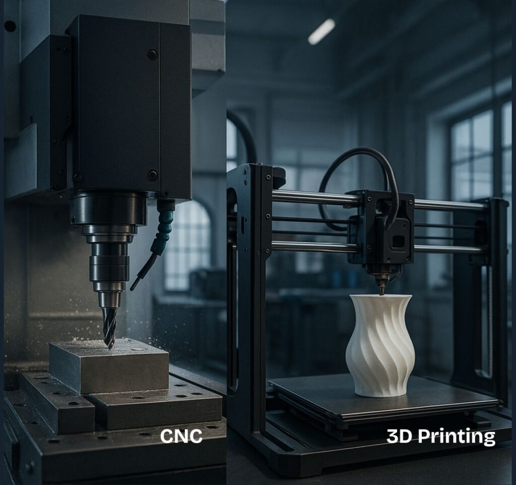 Side-by-side comparison of CNC machining and 3D printing machines operating in an industrial workshop, illustrating the differences in precision manufacturing methods
