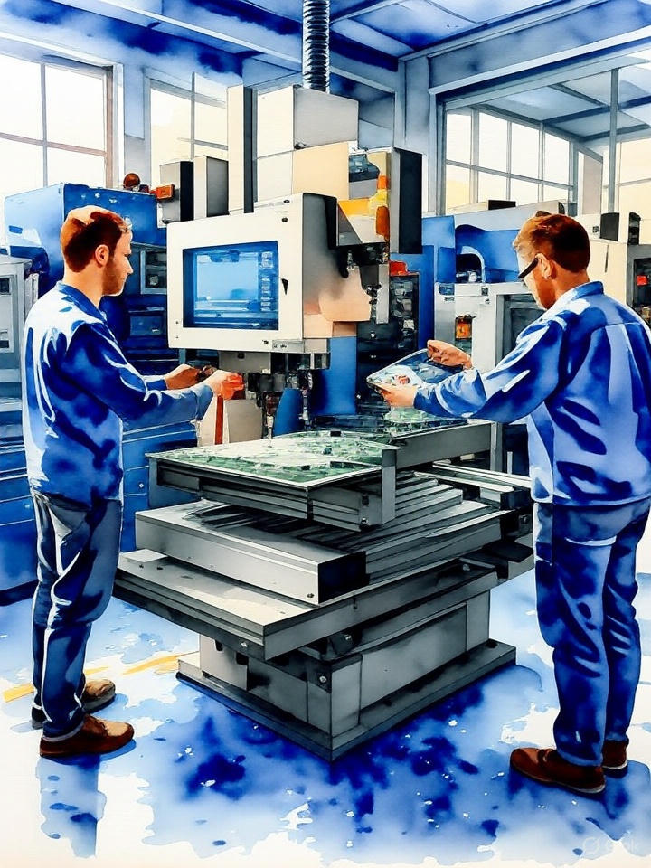 Watercolor painting of engineers working on a CNC machining setup in a manufacturing studio, with a PCB being processed and a blueprint-style illustration, titled "Top 10 PCB Design Mistakes and How to Avoid Them.