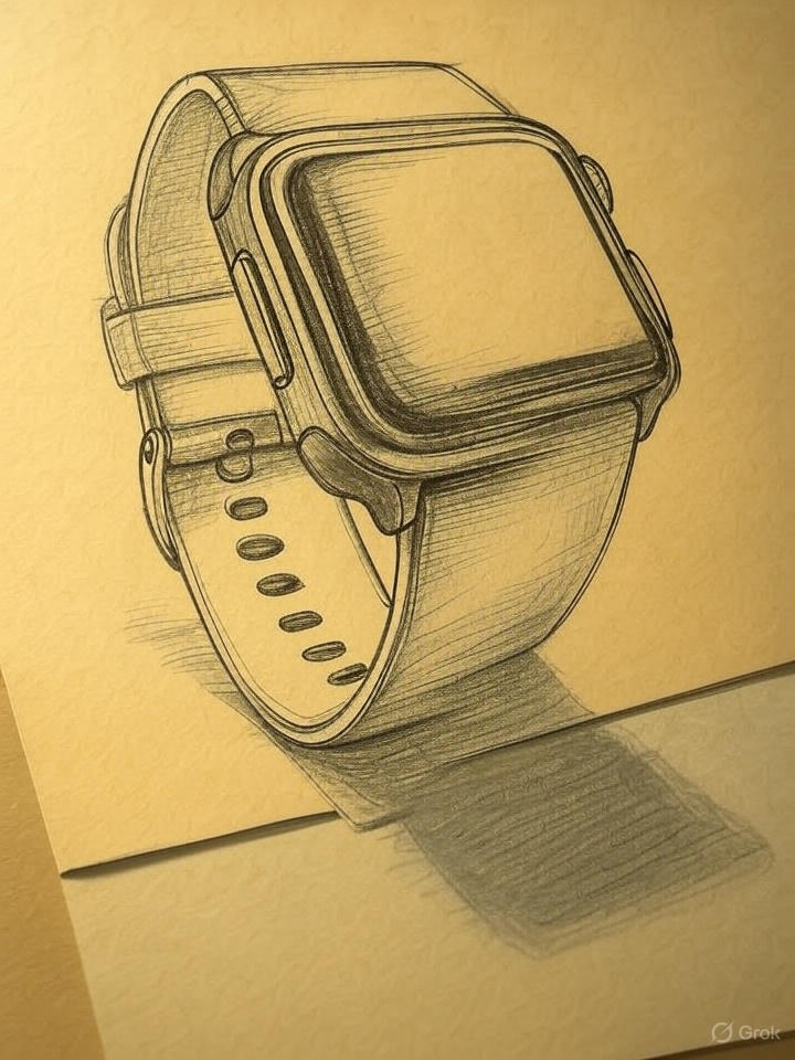 A roughly sketched smartwatch concept on old textured paper, featuring a rectangular face and a strap with detailed holes and buckle which is trys to bring the concept of build my idea