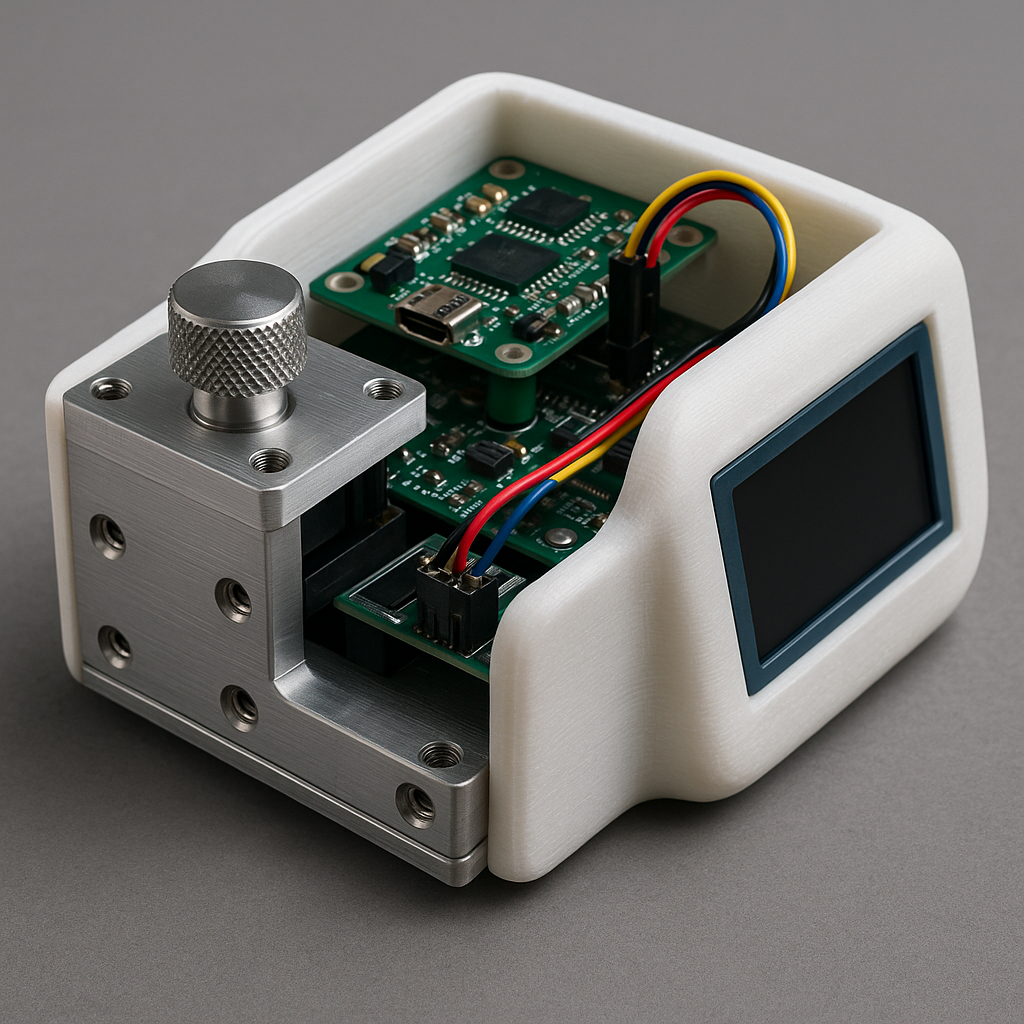 Close-up of a partially assembled medical device prototype with a white 3D-printed casing, CNC-machined aluminum base, colorful LCD screen, and exposed green PCB with wiring.