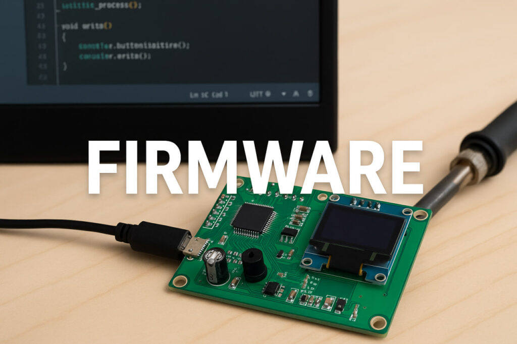 Close-up of a green PCB connected to a microcontroller, with a USB cable, soldering iron, and computer screen displaying C code in the background—highlighting firmware development for hardware prototypes.